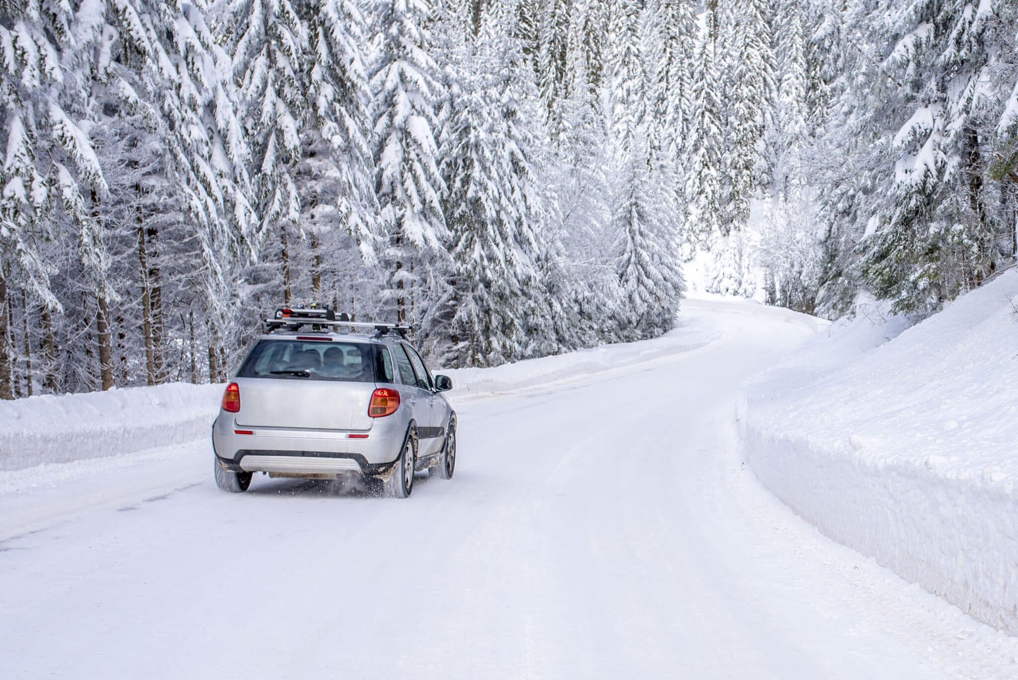 Voiture sur une route de montagne bordée de sapins enneigés