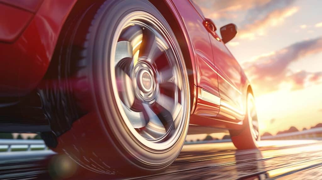 Roue d'un SUV rouge en mouvement sur la route au crépuscule