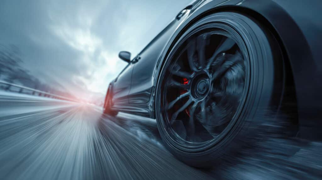 Pneu d'une voiture lancée sur chaussée mouillée, effet de filé