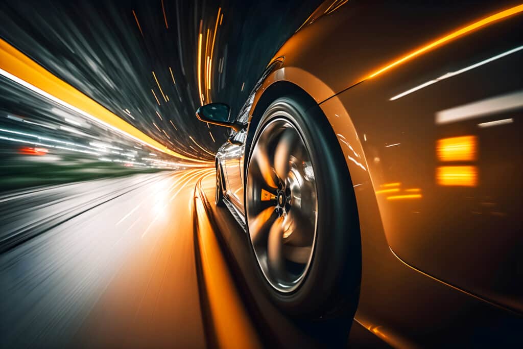 Voiture roulant de nuit en ville, traînées lumineuses