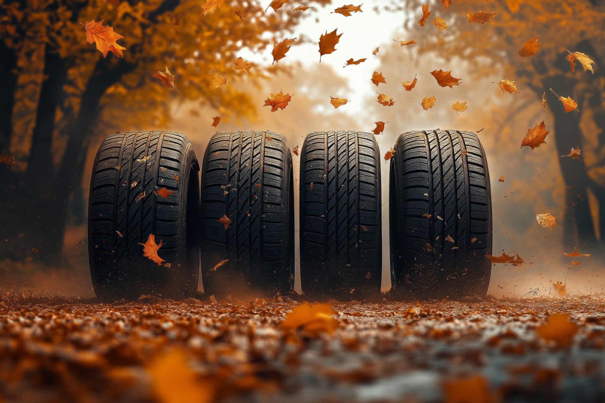 Quatre pneus alignés parmi des feuilles d'automne