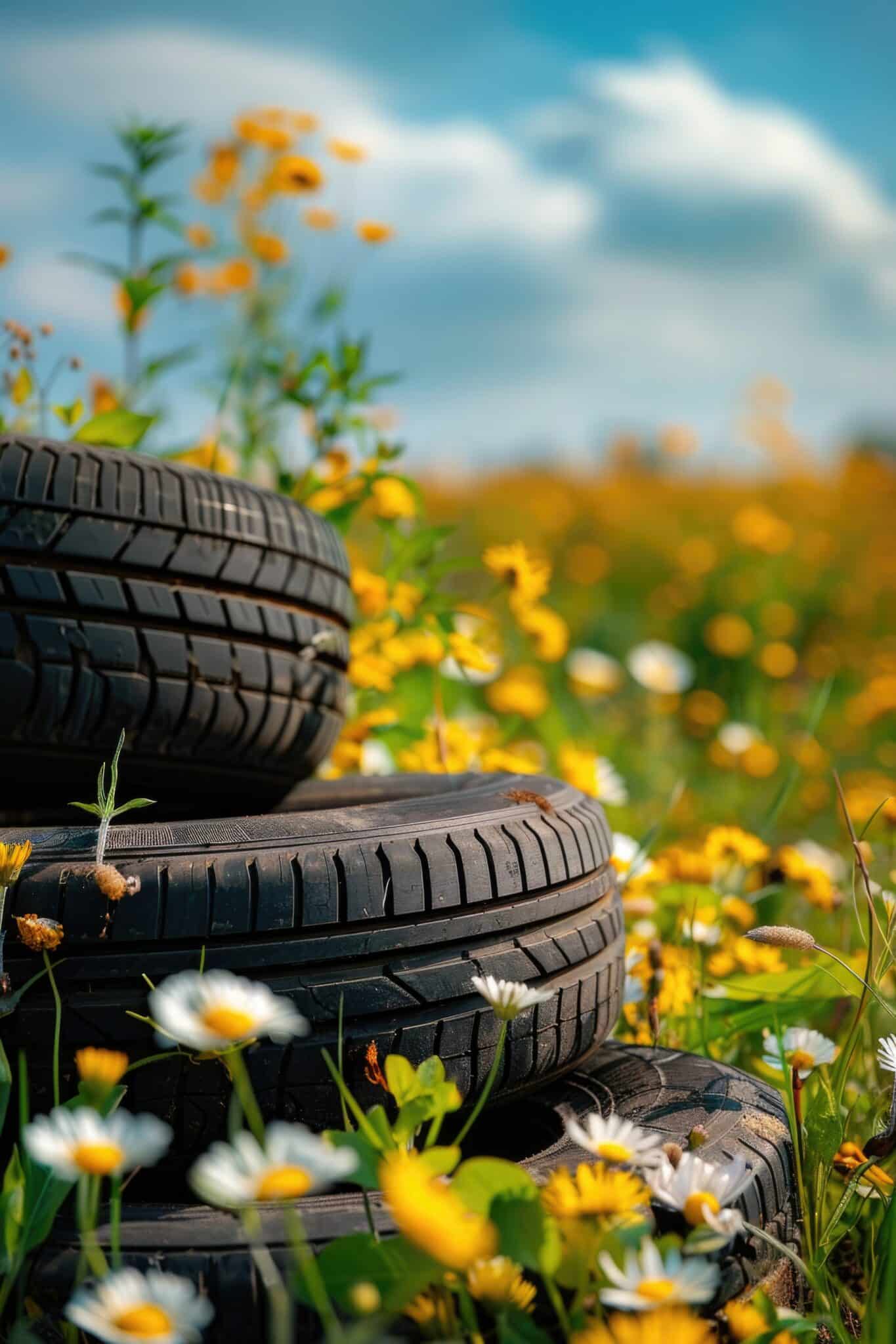 Trois pneus empilés dans un champ de fleurs jaunes