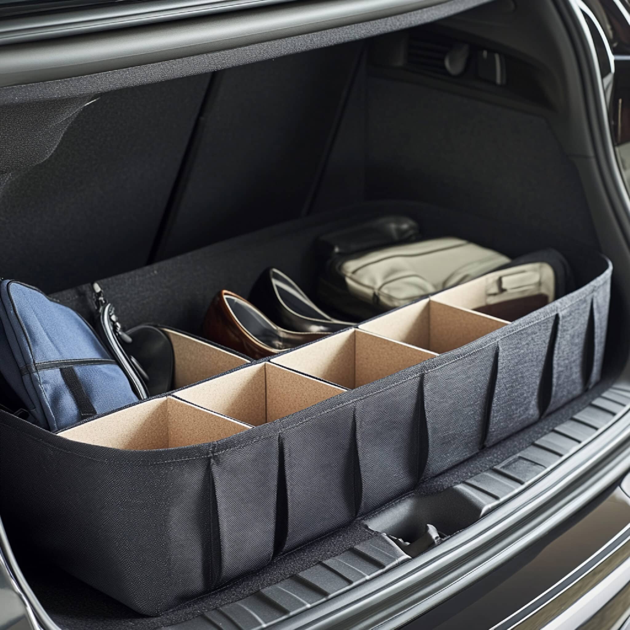 Coffre de voiture garni d'un organisateur noir à compartiments, avec chaussures et sacs